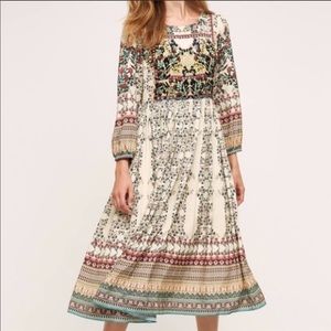 Anthropologie Cream Multi-Color Long Sleeve Boho Midi Dress